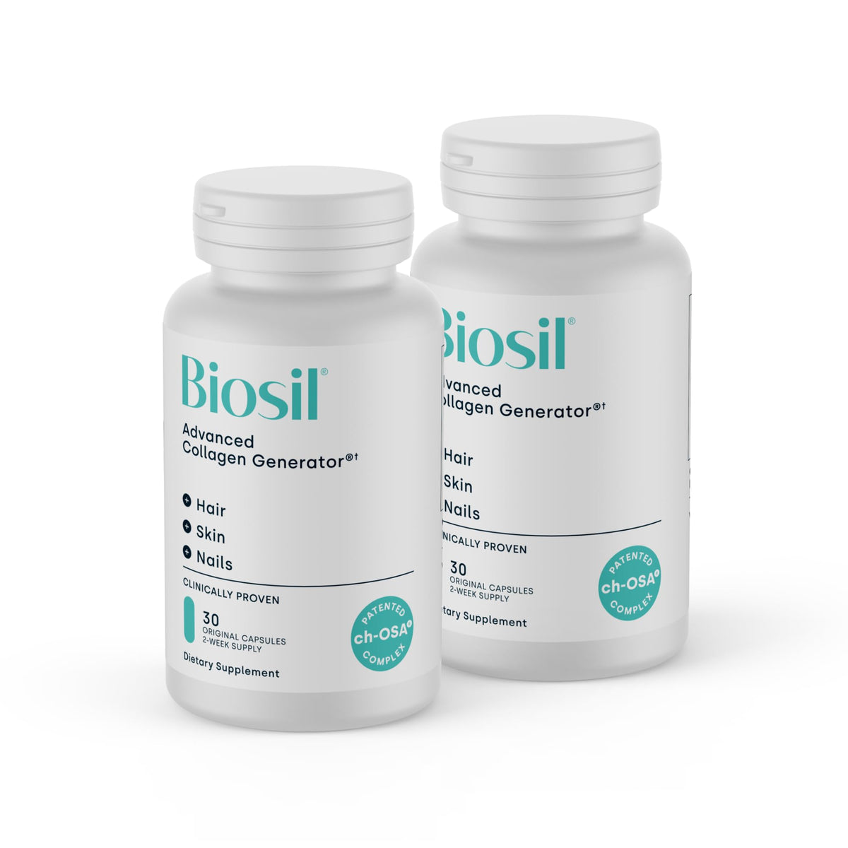 Biosil Collagen Generator bottle on a clean counter highlighting potential skin and nail benefits.