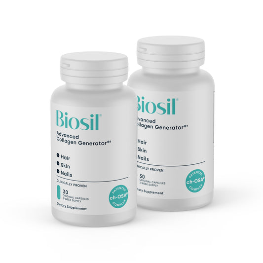 Biosil Collagen Generator bottle on a clean counter highlighting potential skin and nail benefits.