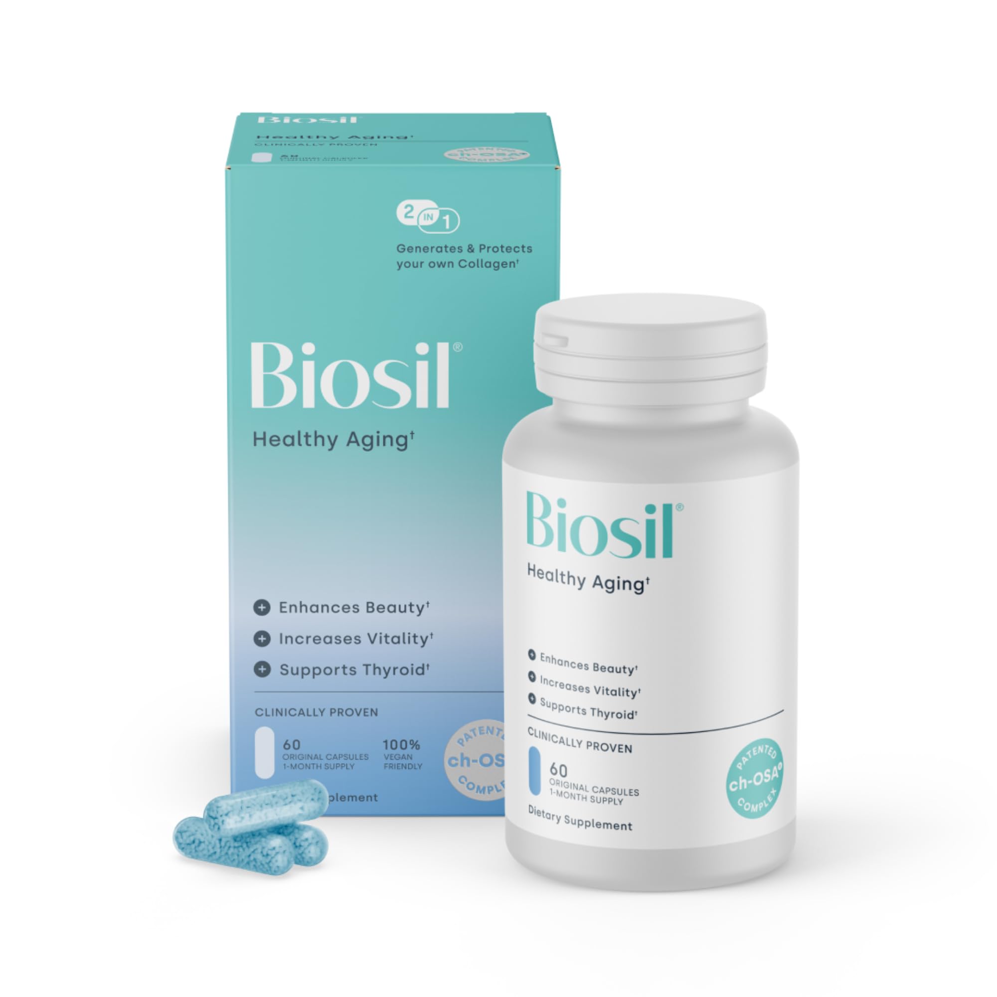 Biosil Healthy Aging capsules shown for daily beauty support