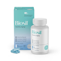 Biosil Healthy Aging capsules shown for daily beauty support