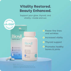 Biosil Healthy Aging label close-up highlighting ch-OSA for skin vitality