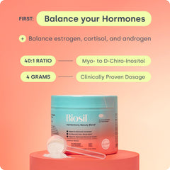 Biosil HerHarmony labeled bottle beside a glass of water suggesting easy mix into daily drink.