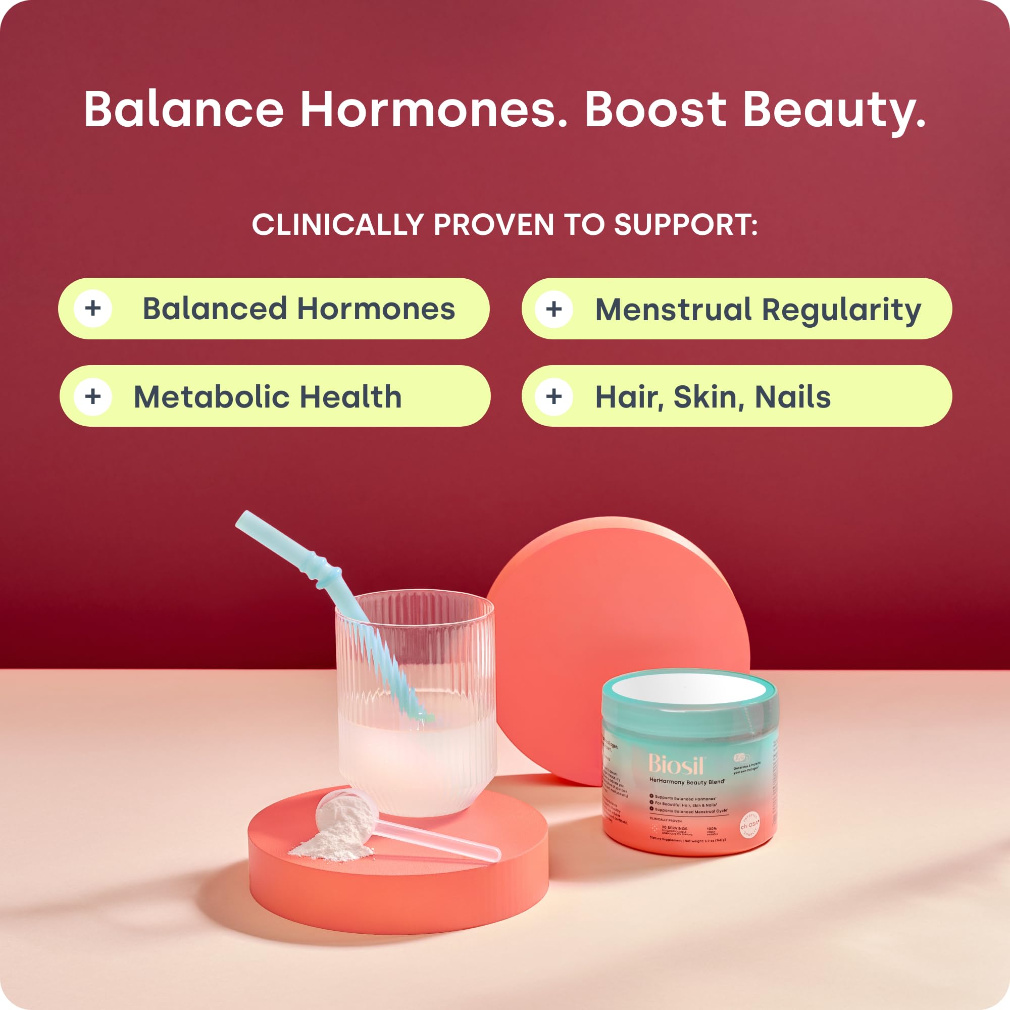 Biosil HerHarmony scoop dispenses a convenient daily dose for an easy skincare, hair, and nails routine.