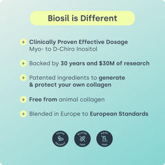 Biosil HerHarmony bottle beside a model with radiant skin, shiny hair, and strong nails.