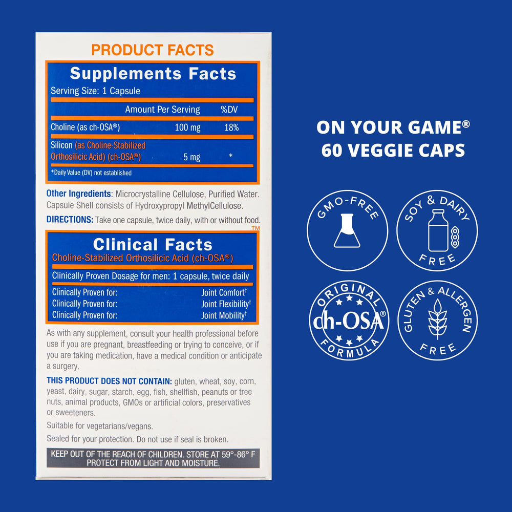 Biosil On Your Game capsules close-up showing veggie capsules offer vegan, GMO-free formulation.