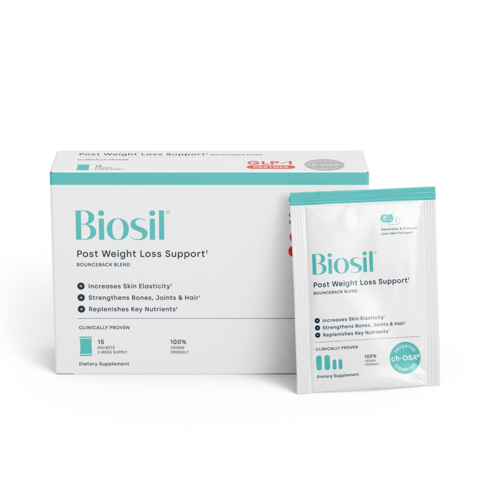 Biosil Post Weight Loss bottle front view highlighting BounceBack Blend for skin elasticity support.