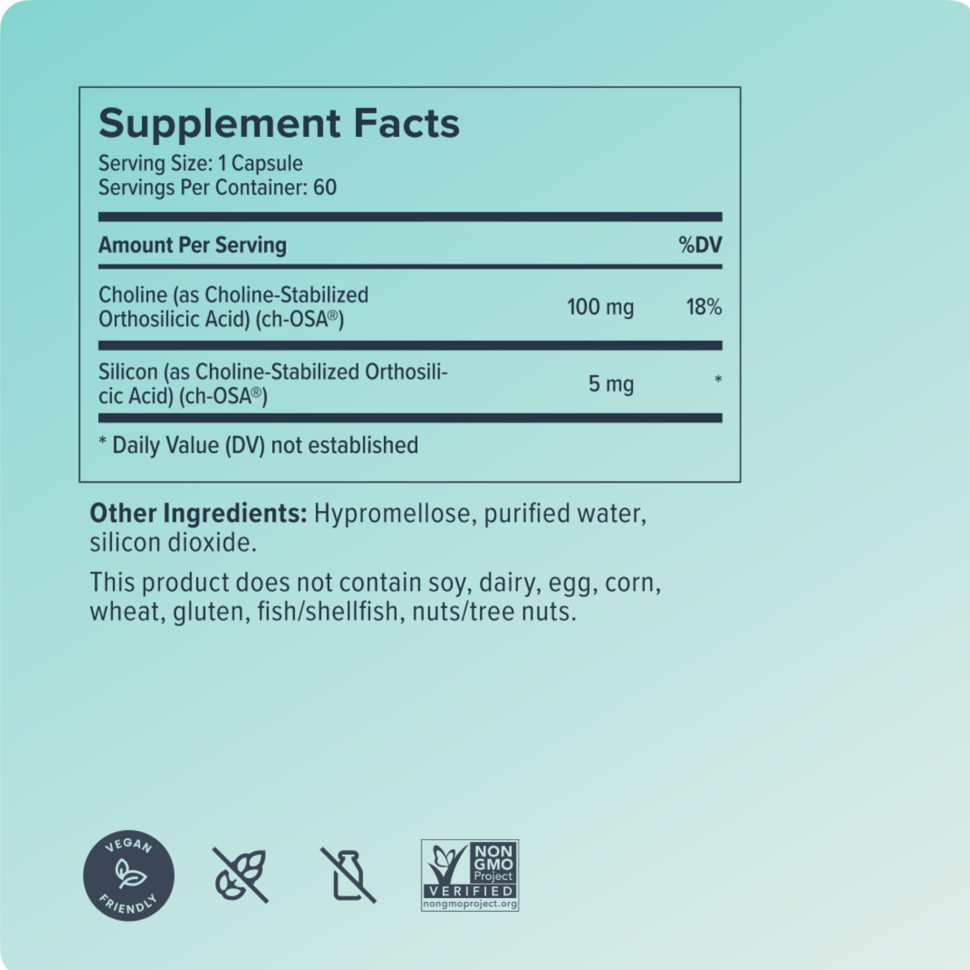 Biosil vegan ingredients label confirms plant-based, non-GMO formulation