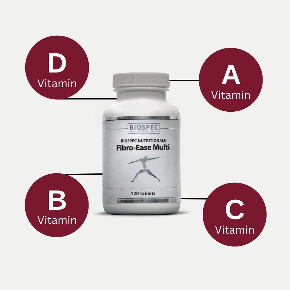 Fibro-Ease Multi vitamin tablets close-up focusing on B vitamins for energy.