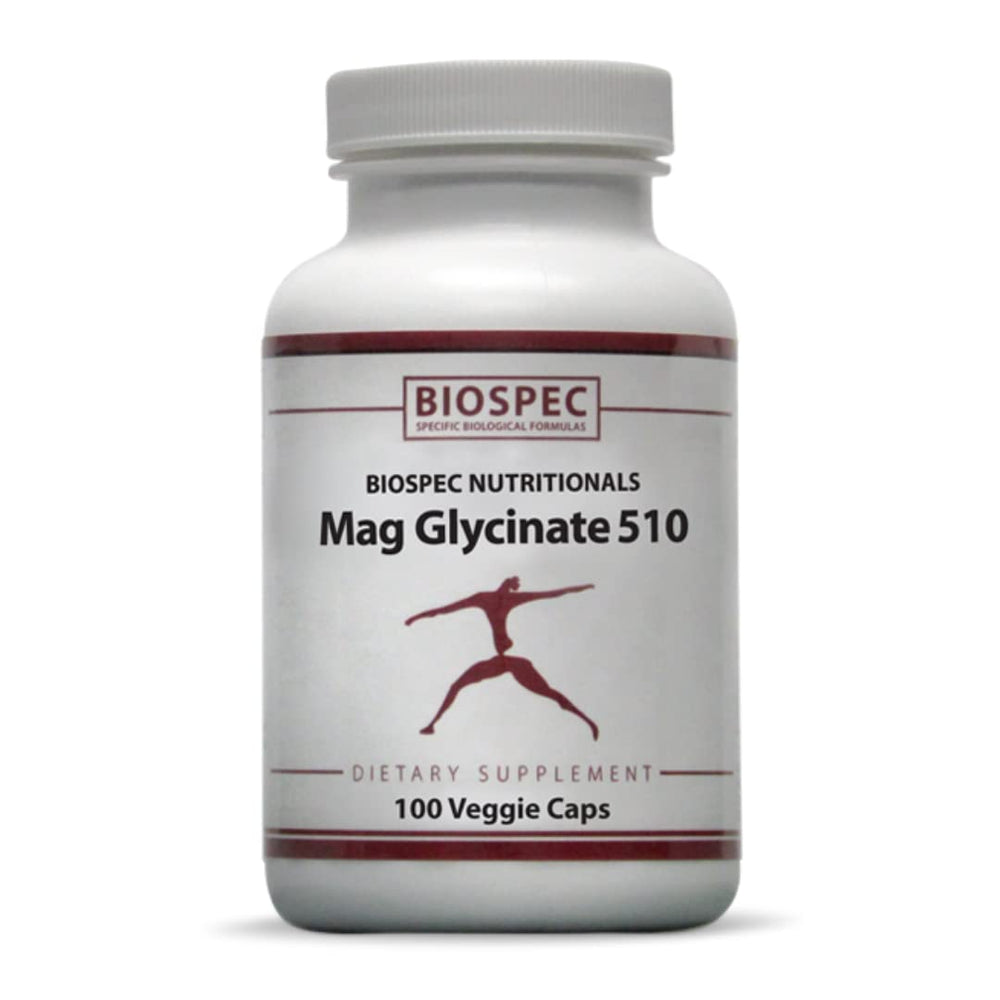 BIOSPEC Nutritionals Mag Glycinate 510 bottle highlighting high-potency magnesium for daily energy support.
