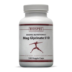 BIOSPEC Nutritionals Mag Glycinate 510 bottle highlighting high-potency magnesium for daily energy support.