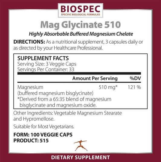 BIOSPEC Nutritionals Mag Glycinate 510 label emphasizes purity and third-party testing.