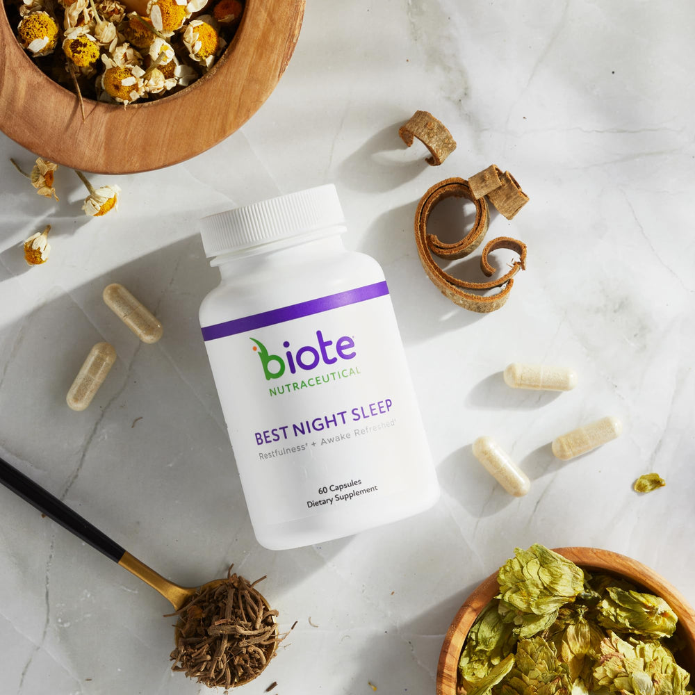 Biote Best Night's Sleep capsules closeup shows soft capsules and clear allergen information for sensitive users