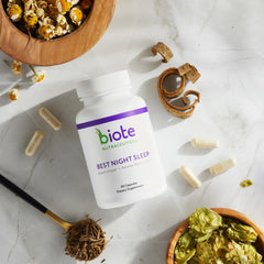 Biote Best Night's Sleep capsules closeup shows soft capsules and clear allergen information for sensitive users