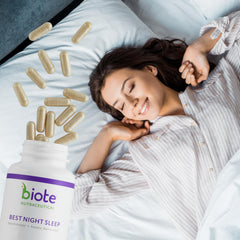 Biote Best Night's Sleep in-use glass demonstrates calm, ritual-friendly consumption before sleep
