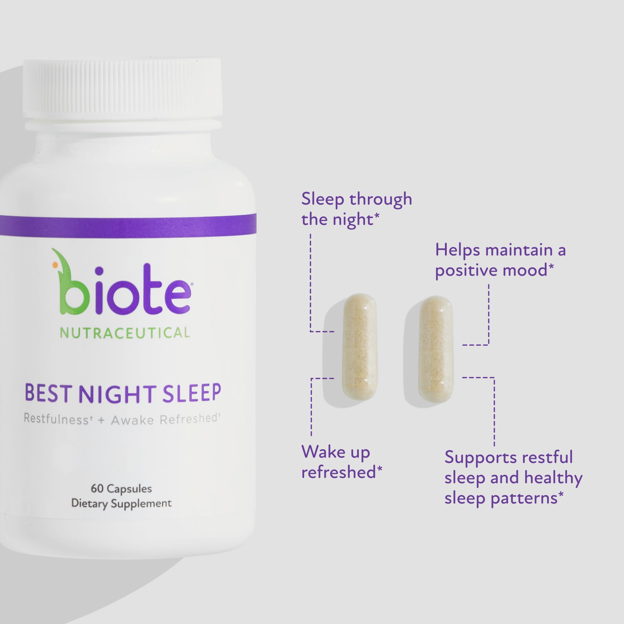 Biote Best Night's Sleep label detail highlights soy-free and dairy-free ingredients for dietary needs