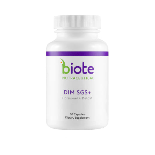 Biote DIM SGS+ bottle with capsules supports hormone metabolism.