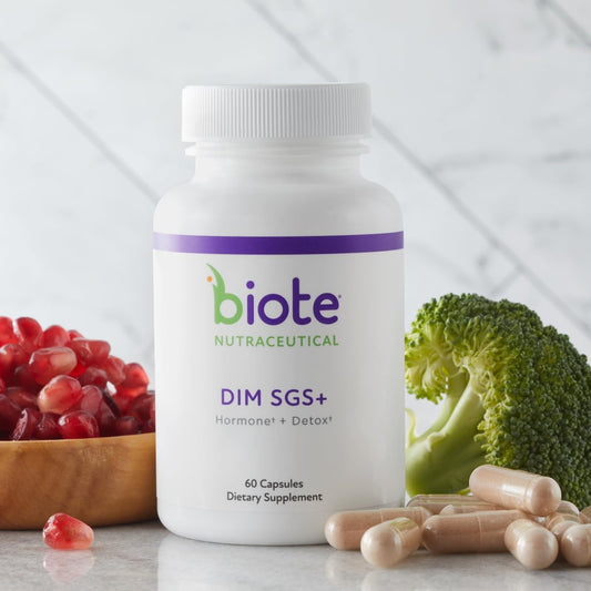 Biote DIM SGS+ capsules close up; supports daily hormone balance.