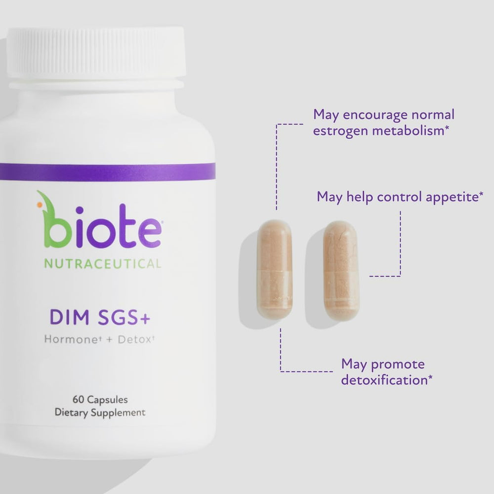 Biote DIM SGS+ label close-up reveals patented bioavailable complex for detox support.