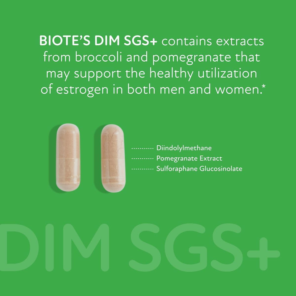 Biote DIM SGS+ packaging on box highlights detox and metabolism benefits.