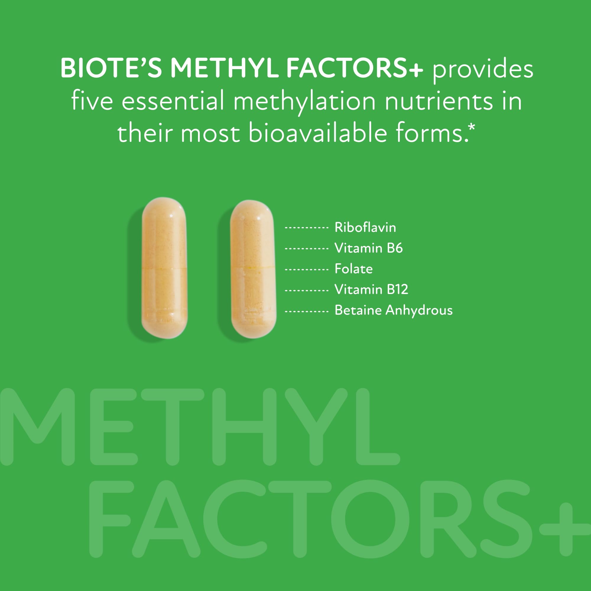 Biote Methyl Factors+ capsules close-up for easy dosing