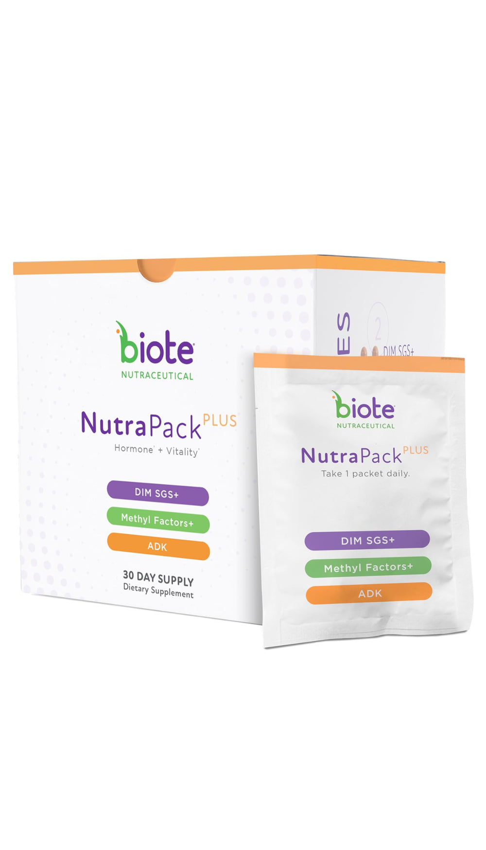 Biote NutraPackPlus daily packets arranged for convenient hormone balance support