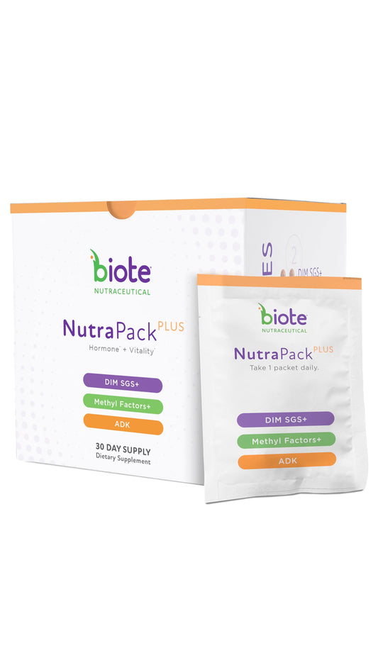 Biote NutraPackPlus daily packets arranged for convenient hormone balance support