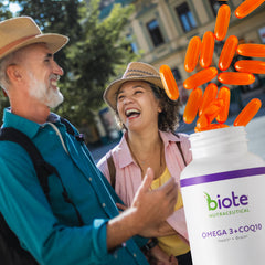 Biote Omega-3 CoQ10 bottle pour ideal for on-the-go health habits.
