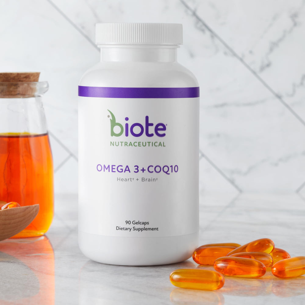 Biote Omega-3 CoQ10 capsules closeup for cognitive and cardiovascular wellness.