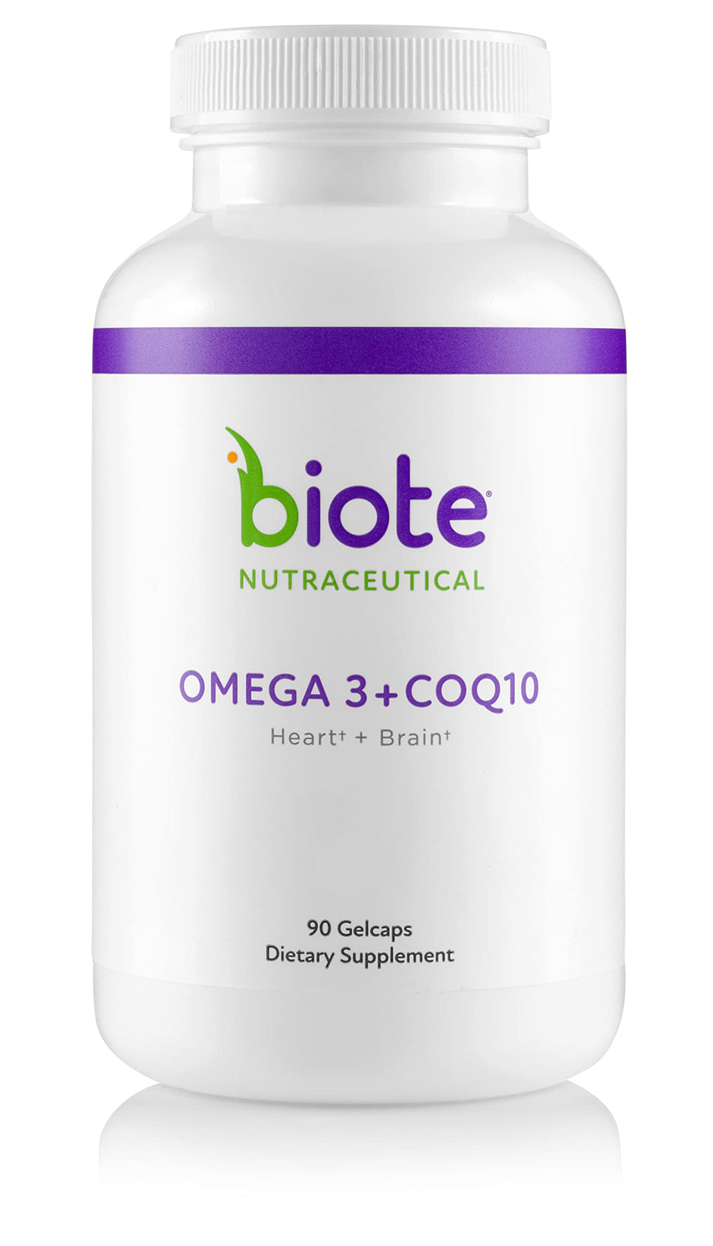 Biote Omega-3 CoQ10 softgel bottle view for heart and brain support.