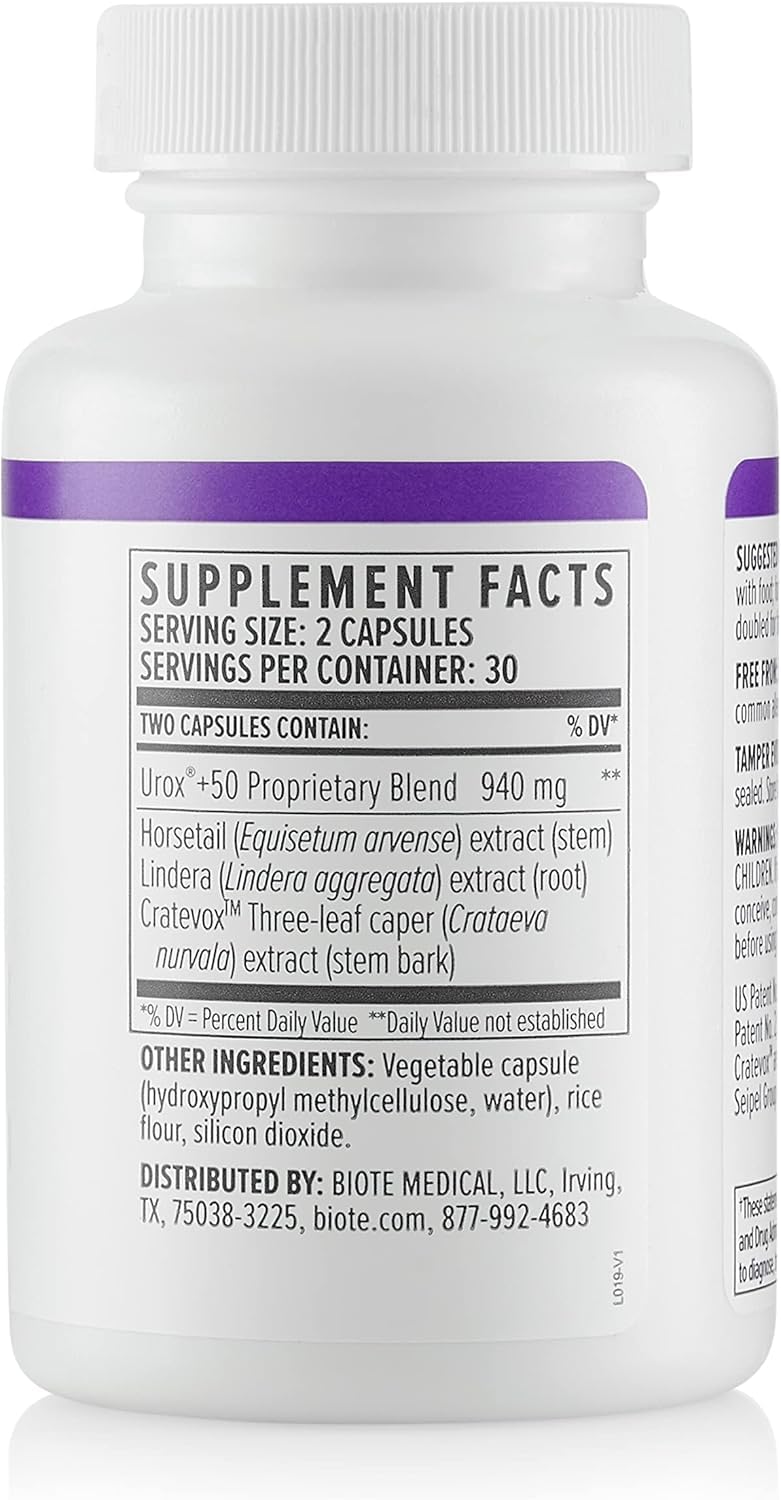Biote Urox+ bottle label close-up with ingredients and dosage guidance
