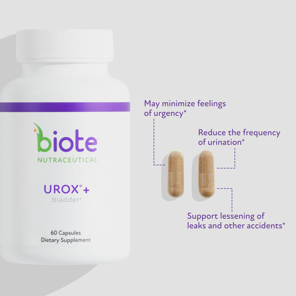 Biote Urox+ capsules close-up highlights easy-to-swallow capsules for daily bladder comfort