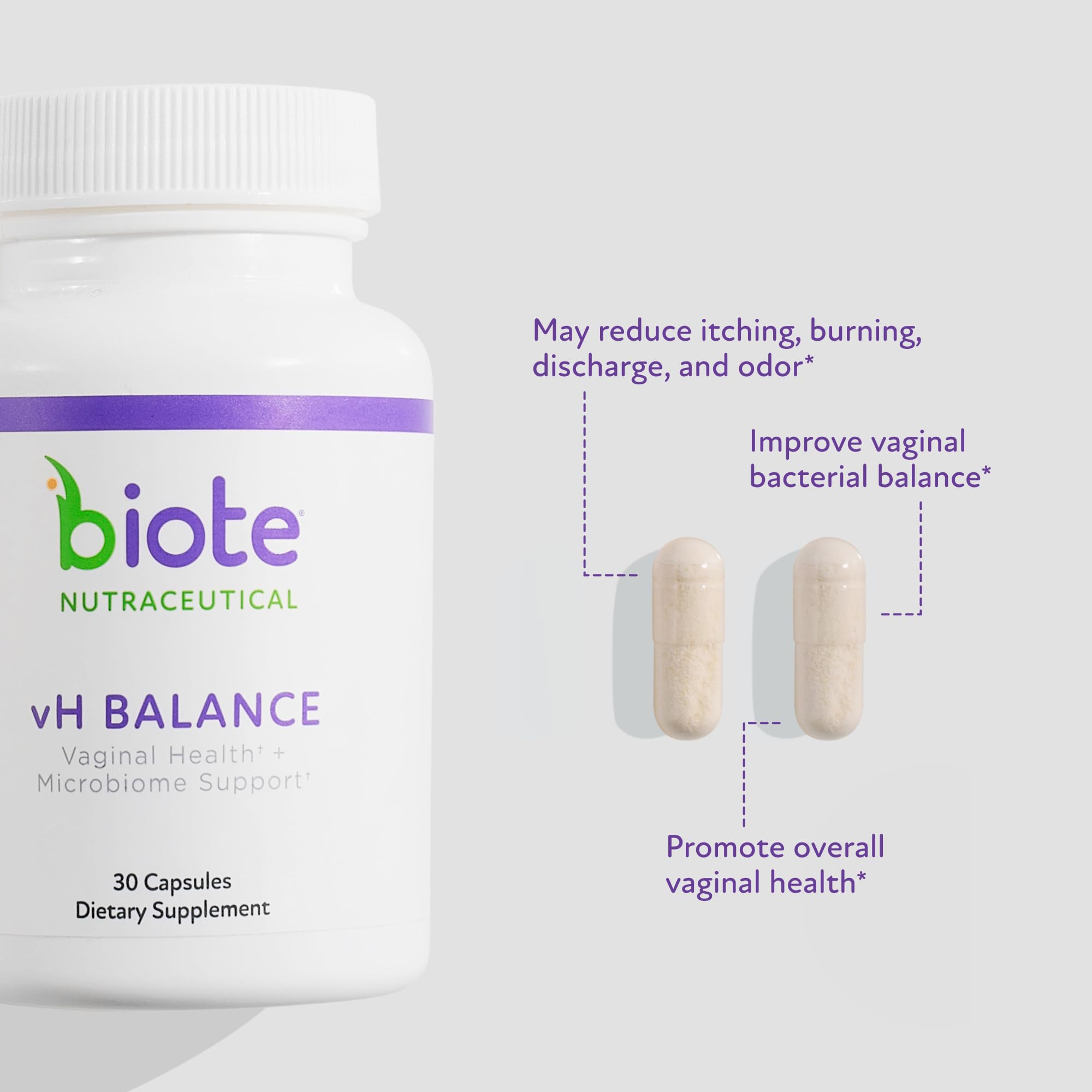 Close-up of Biote vH Balance capsules for easy daily use.