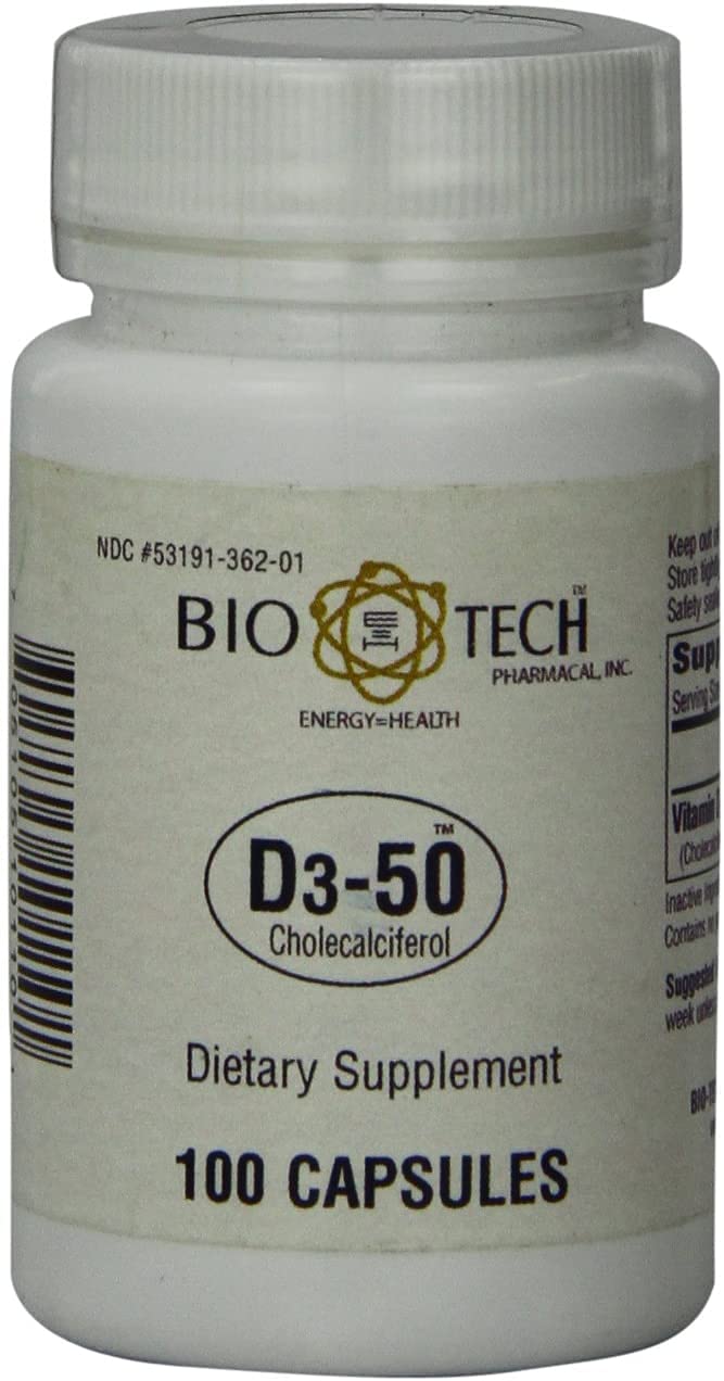 Bio-Tech Pharmacal D3-50 bottle front shows a reliable vitamin D option for bone and immune health.