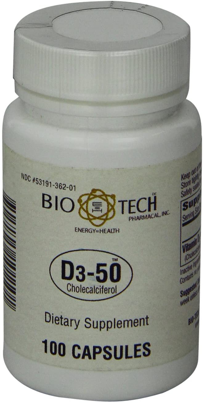 Bio-Tech Pharmacal D3-50 dosage instruction shows safe weekly use.