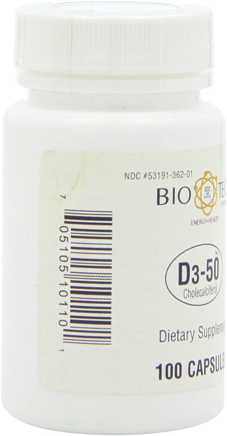 Bio-Tech Pharmacal D3-50 label closeup communicates potency and halal-friendly formula.