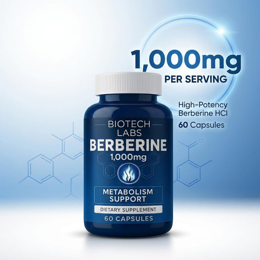 Close-up of Biotech Labs Berberine capsules highlighting high potency