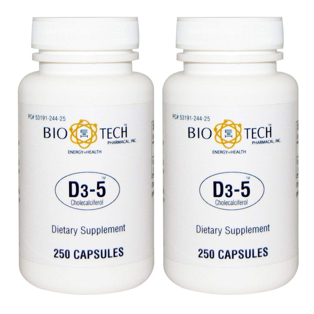 Bio-Tech Pharmacal D3-5 5000 IU tablets in bottle for daily vitamin D support.