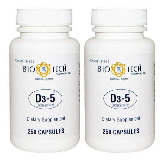 Bio-Tech Pharmacal D3-5 5000 IU tablets in bottle for daily vitamin D support.