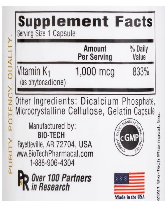 Bio-Tech Pharmacal K1-1000 capsules ready for daily nutritional support