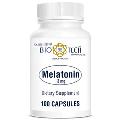 Bio-Tech Pharmacal Melatonin 3 mg bottle on nightstand supports restful sleep