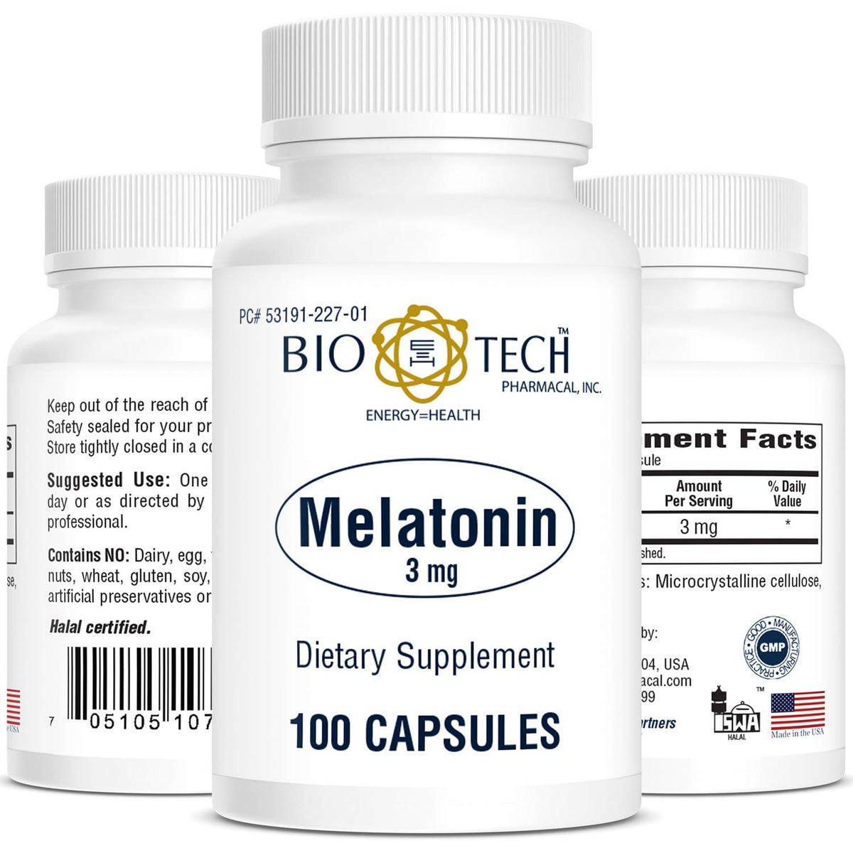 Bio-Tech Pharmacal Melatonin capsules close-up with compact bottle for nightly use