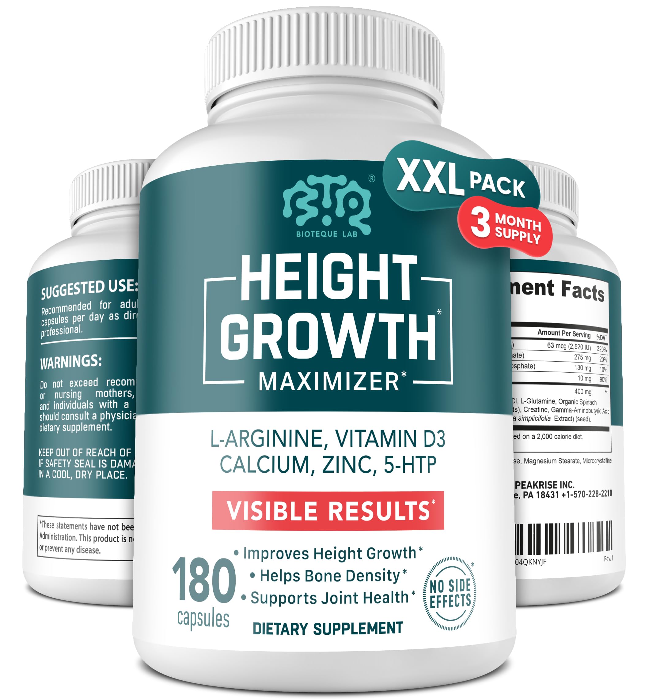 BIOTEQUELAB Height Growth Maximizer bottle front view for bone support potential.