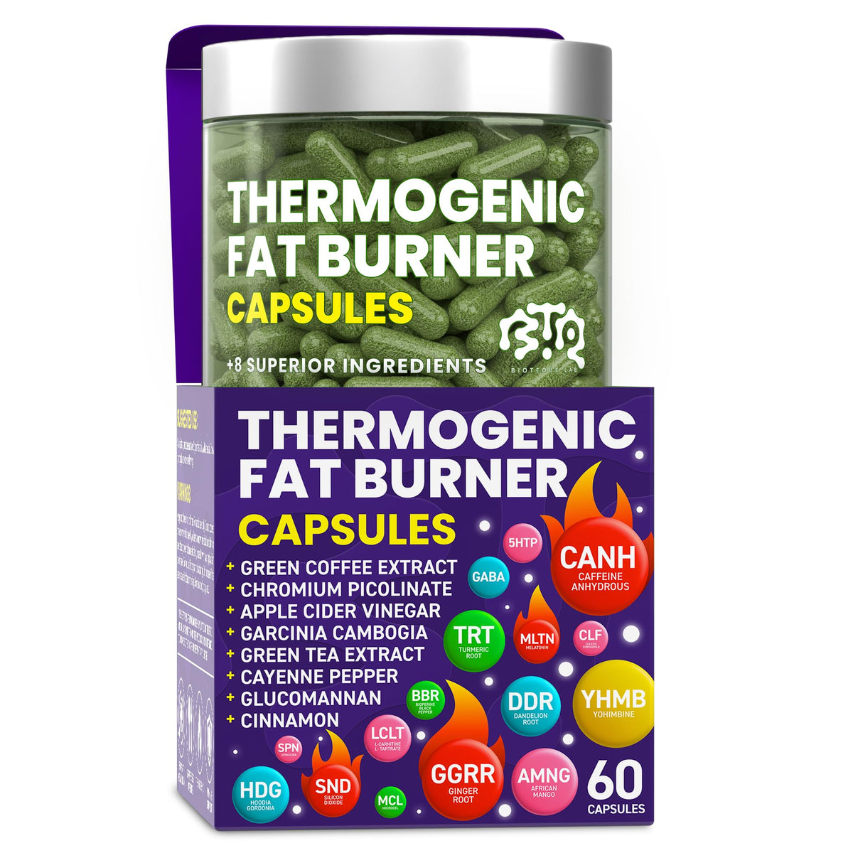 BIOTEQUELAB thermogenic bottle front illustrating energy-boosting fat burner for daily use.