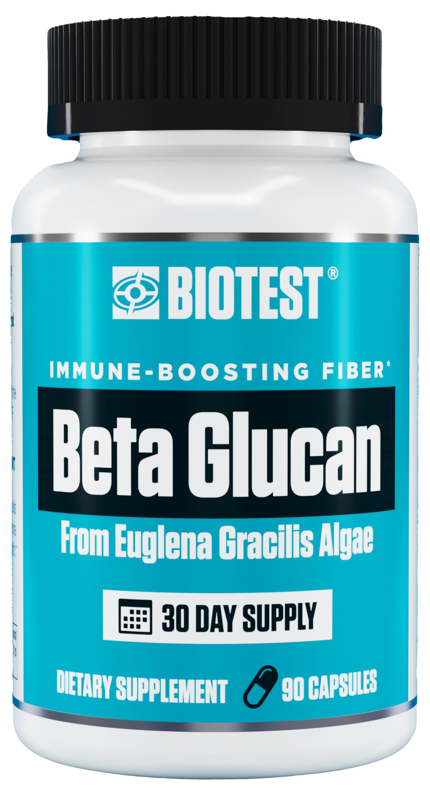 Biotest Beta-Glucan bottle front showing 600 mg dose for immune support.