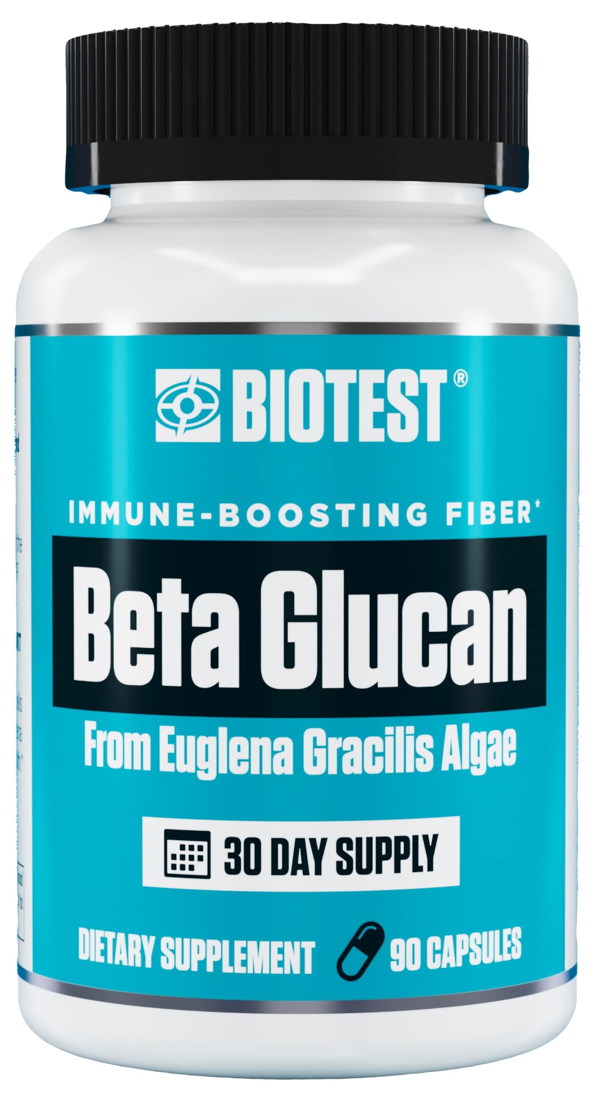 Biotest Beta-Glucan bottle front showing 600 mg dose for immune support.
