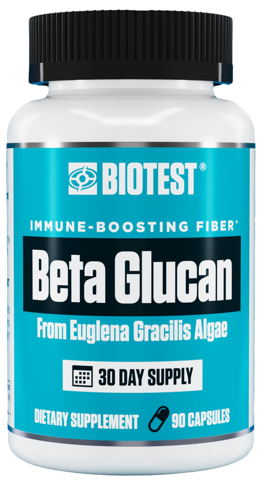 Biotest Beta-Glucan bottle front showing 600 mg dose for immune support.