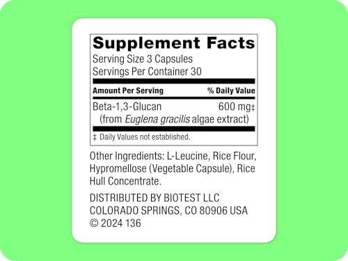 Biotest Beta-Glucan bottle label highlights Euglena gracilis for gut health potential.