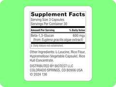 Biotest Beta-Glucan bottle label highlights Euglena gracilis for gut health potential.