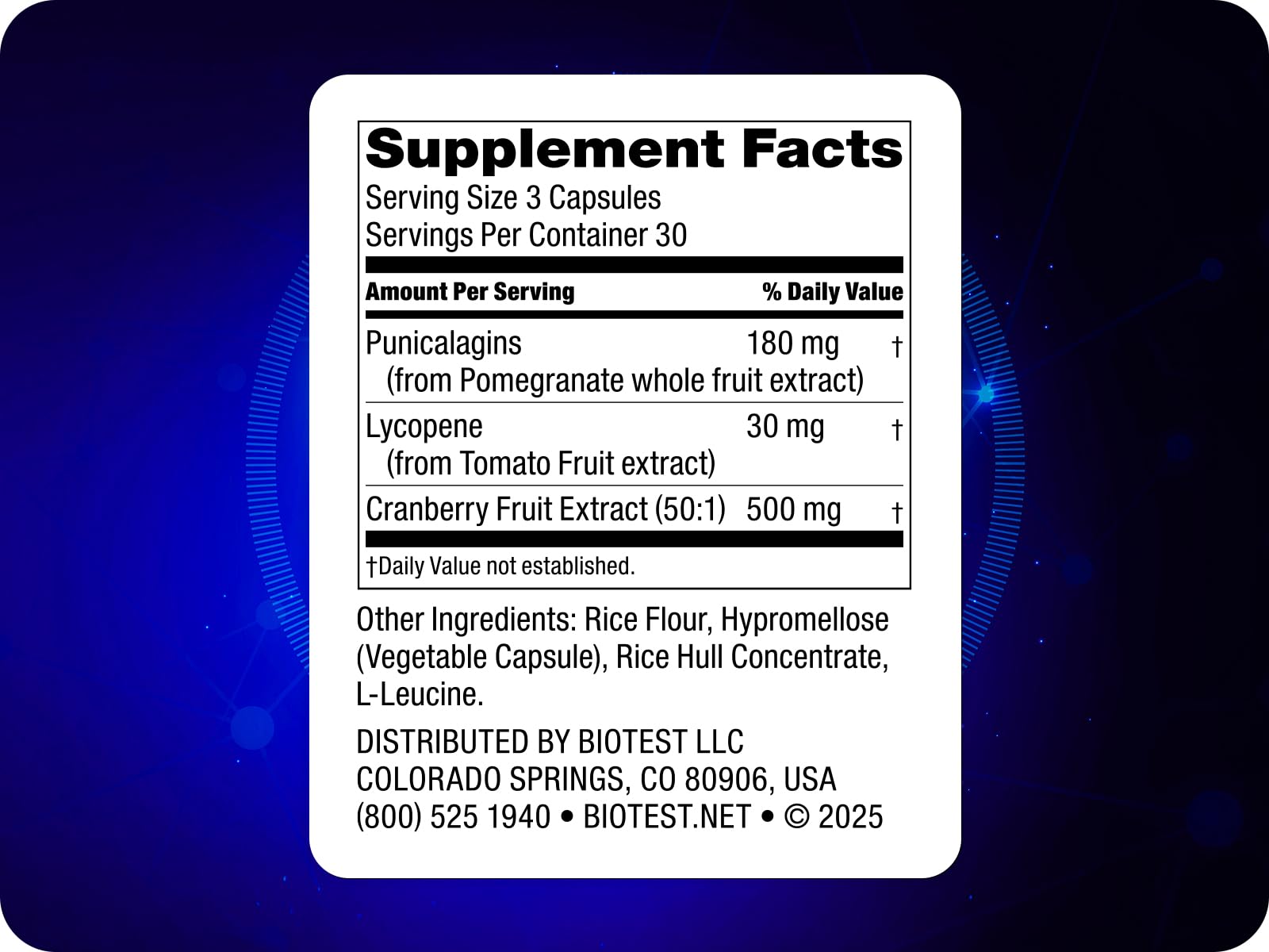 Biotest P-Well label close-up showing pomegranate and cranberry ingredients