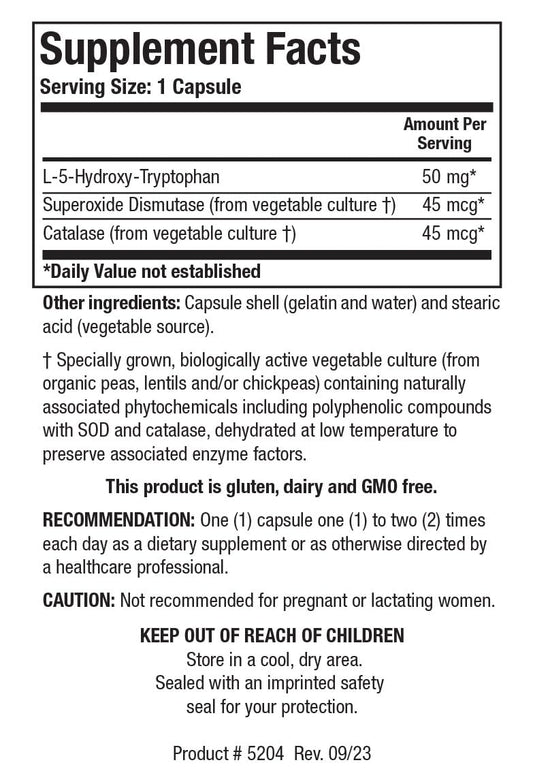 Biotics Research 5HTP 50mg bottle side view for easy daily dosing
